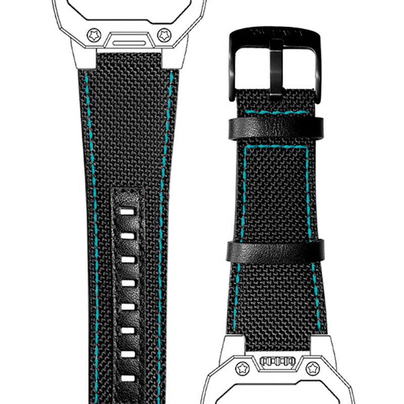 Wandering Hour-Black strap - blue stitching